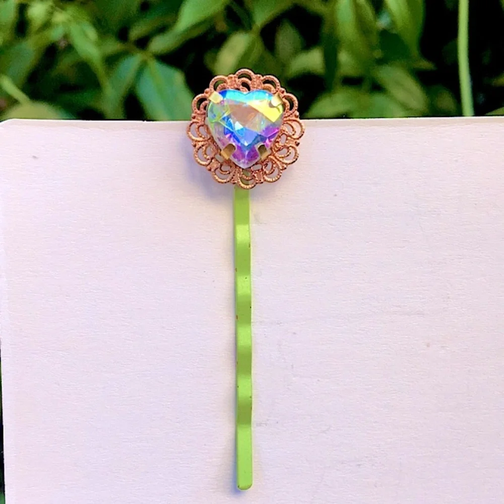 Aurora Borealis Crystal Heart + Pastel Green Hair Pin